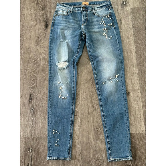 DRIFTWOOD Denim - Driftwood‎ Beau 26 Mid-rise Skinny Jean Distressed Pearl Rhinestone Embellished